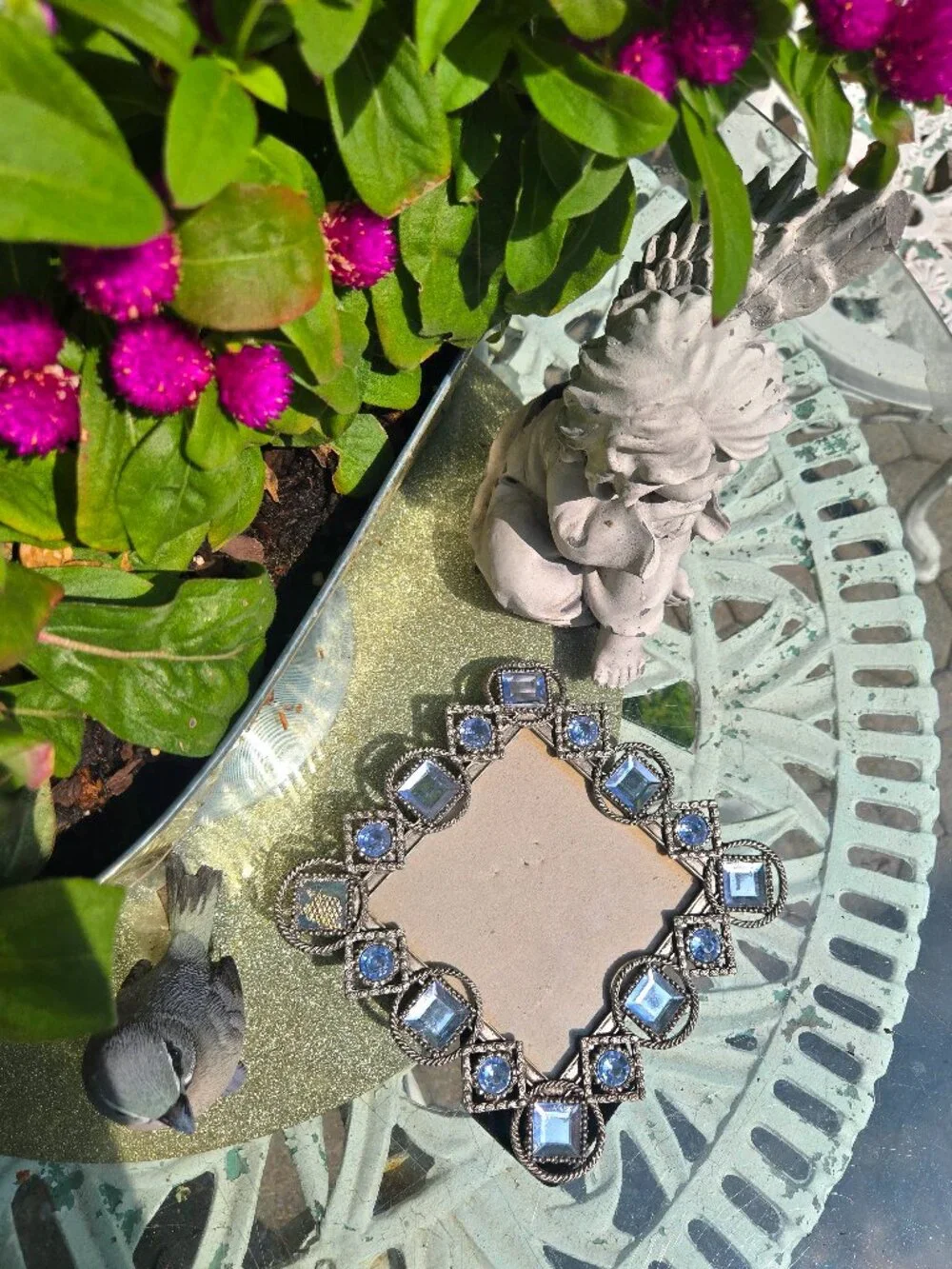 Vintage silver and light blue crystal glam vanity square picture frame